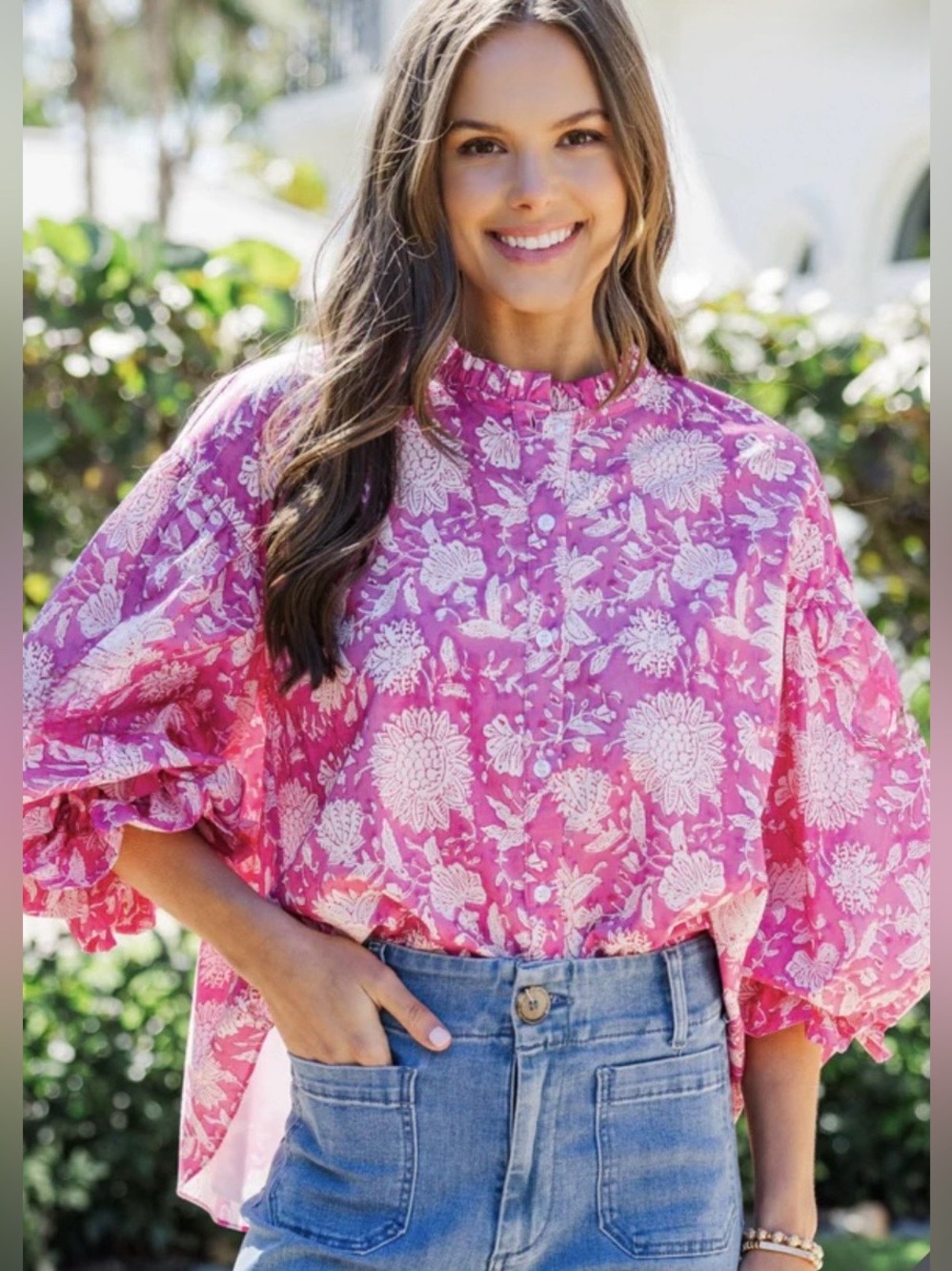 💕 The Mint Julep Boutique Pink & White Floral Balloon Sleeve Blouse | XS | NWT
